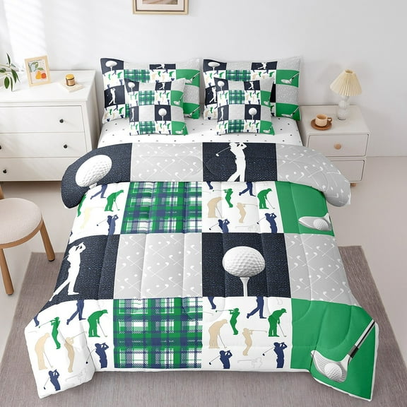 Erosebridal Golf Print Bedding Twin Size, Sport Theme Comforter Sets with Sheets, Green Buffalo Grid Checkered Patchwork Plaid Bedroom Decor, Reversible 7pcs