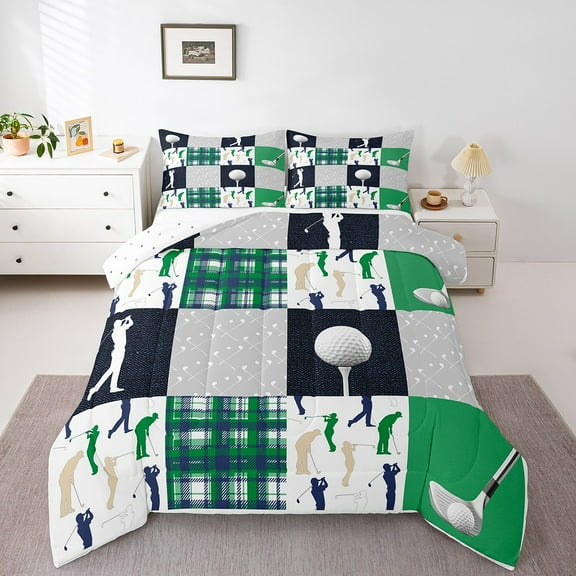 Erosebridal Golf Print Comforter Sets Twin Size, Sport Theme Comforters & Duvets, Green Buffalo Grid Checkered Patchwork Plaid Bedroom Decor, Reversible 2pcs