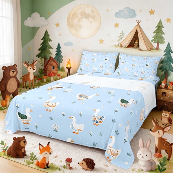 Erosebridal Goose Bed Sheets for Girls, Blue Folk Art Full Size Sheets ...