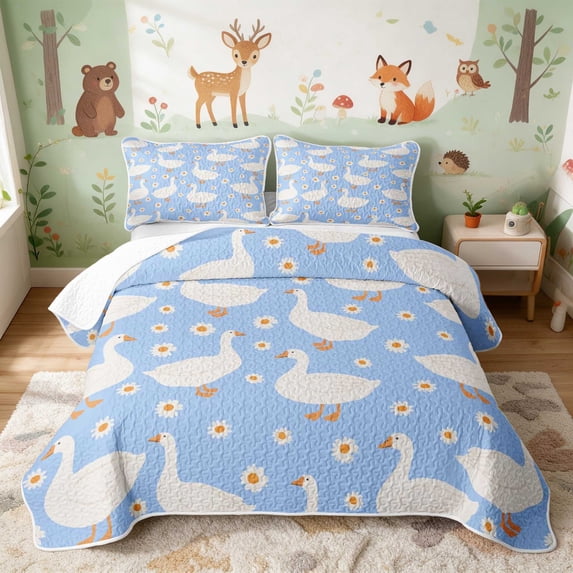 Erosebridal Goose Bed Spread Queen for Girls, Blue Daisies Queen Coverlet Set, 3pcs 1 Quilt and 2 Pillowcases