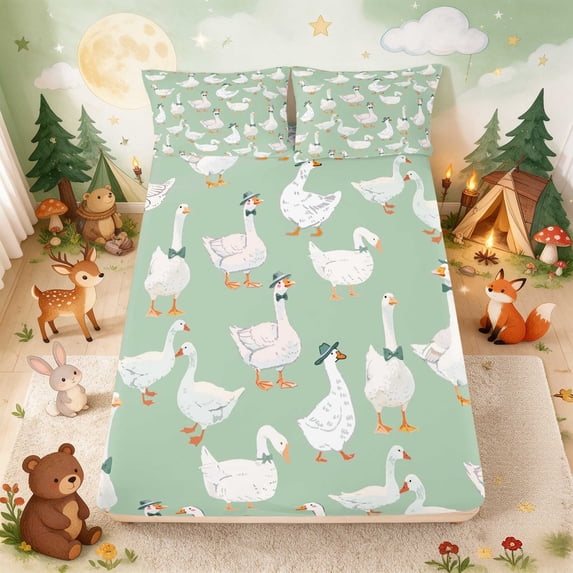 Erosebridal Goose Fitted Sheet Full for Girls, Green Hats Bed Set, 3 Pieces 1 Fitted Sheet and 2 Pillowcases