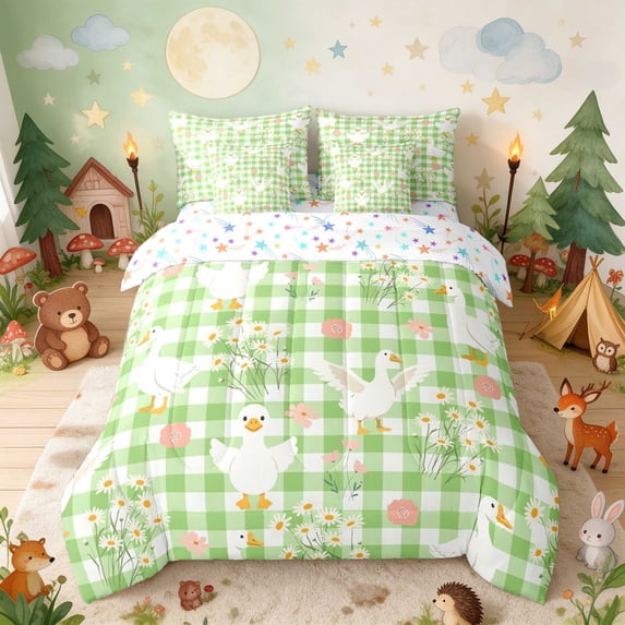 Erosebridal Goose Queen Bedding for Girls, Green Gingham Bedding Comforter Set Queen, Stars Reversible 7pcs