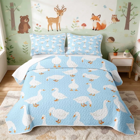 Erosebridal Goose Quilt King for Boys Girls, Blue Background King Coverlet Set, 3pcs 1 Bedspread and 2 Pillowcases