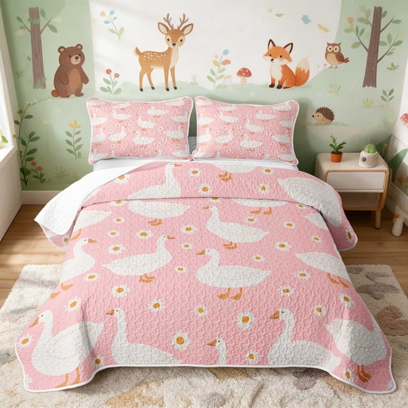 Erosebridal Goose Quilt King for Girls, Pink Daisies King Coverlet Set, 3-Piece 1 Bedspread and 2 Pillowcases