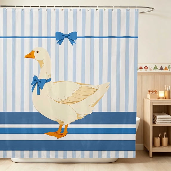 Erosebridal Goose Shower Curtain 72Wx72L for Girls, Blue Bow Stripes Waterproof Bathroom Curtain