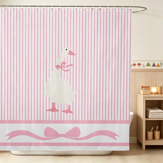 Erosebridal Goose Shower Curtain 72Wx72L for Girls, Pink Stripes Waterproof Bathroom Curtain