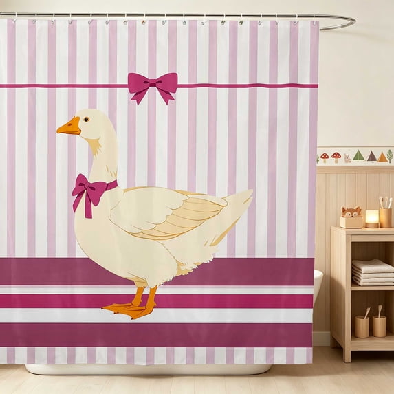 Erosebridal Goose Shower Curtain 72Wx78L for Girls, Pink Bow Stripes Waterproof Bath Curtain