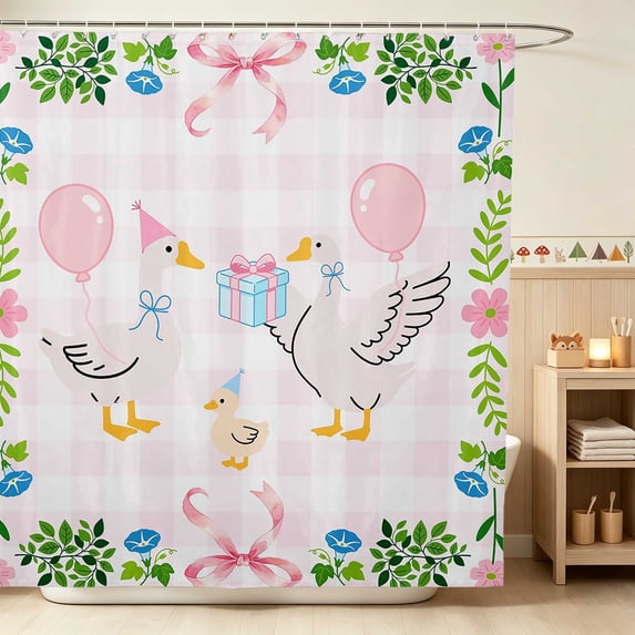Erosebridal Goose Shower Curtain 72Wx84L for Girls, Pink Gingham Waterproof Bathroom Shower Curtain