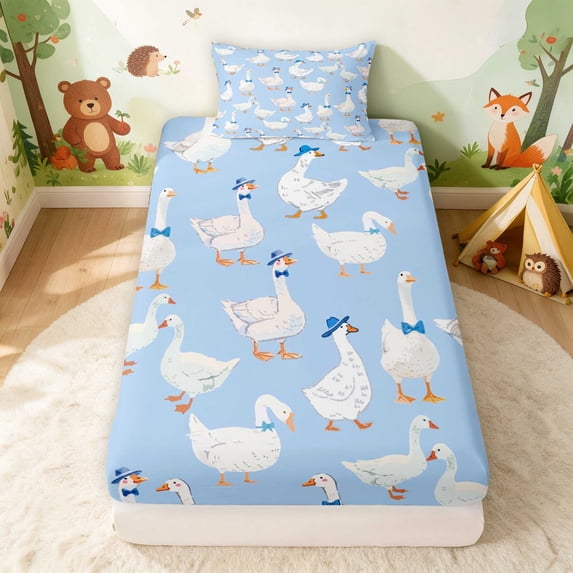 Erosebridal Goose Twin Fitted Sheet for Girls, Blue Hats Bedding, 2-Piece 1 Fitted Sheet and 1 Pillowcase