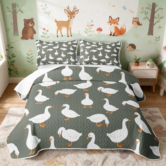 Erosebridal Goose Twin Quilt Set for Boys Girls, Green Background Twin Coverlet Set, 2-Piece 1 Bedspread and 1 Pillowcase