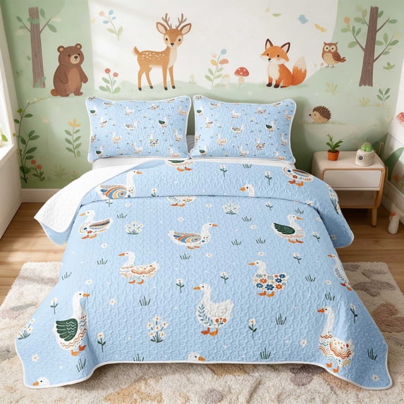 Erosebridal Goose Twin Quilt Set for Girls, Blue Folk Art Twin Coverlet Set, 2-Piece 1 Bedspread and 1 Pillowcase