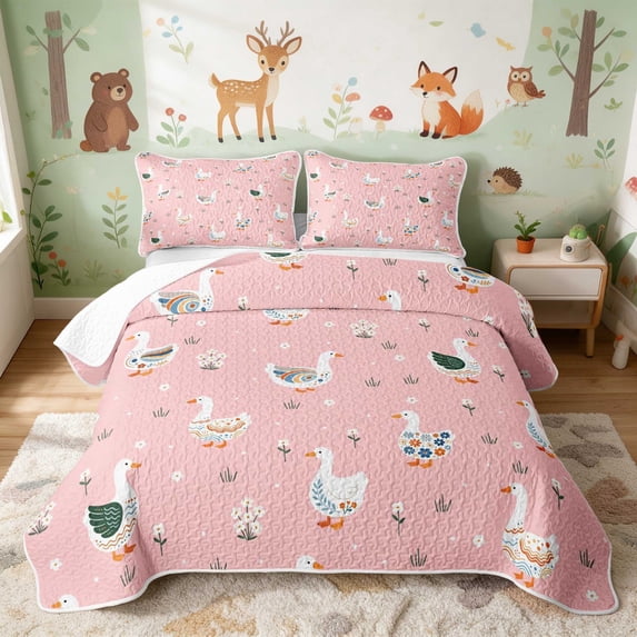 Erosebridal Goose Twin Quilt Set for Girls, Pink Folk Art Twin Coverlet Set, 2pcs 1 Bedspread and 1 Pillowcase
