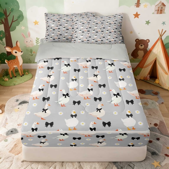 Erosebridal Goose Zipper Queen Comforter Set with Fitted Sheet and 2 Pillowcases for Girls, Black Bows Zipper Bedding Set, Gray Reversible