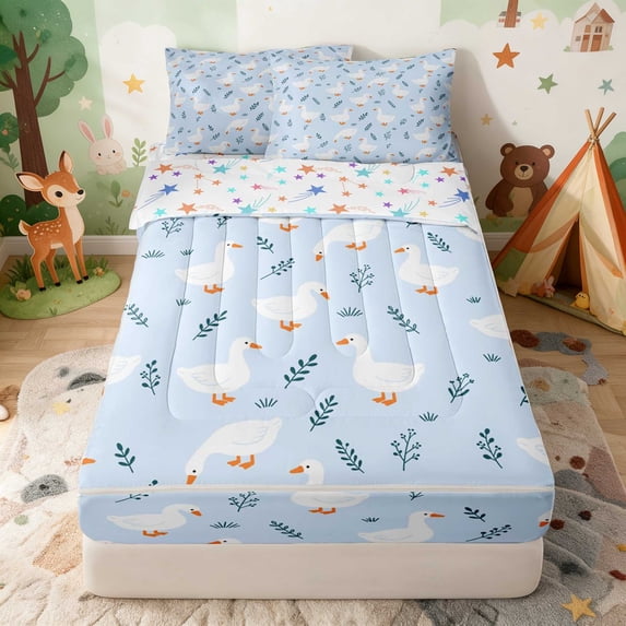 Erosebridal Goose Zipper Twin Comforter Sets with Fitted Sheet and 2 Pillowcases for Boys Girls, Blue Background Zipper Bedding Set, Stars Reversible