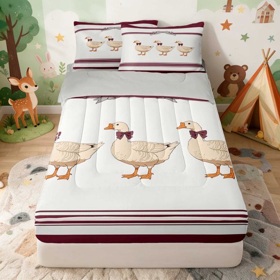 Erosebridal Goose Zipper Twin Comforter Sets with Fitted Sheet and 2 Pillowcases for Girls, Maroon Bows Stripes Zipper Bedding Set, Gray Reversible
