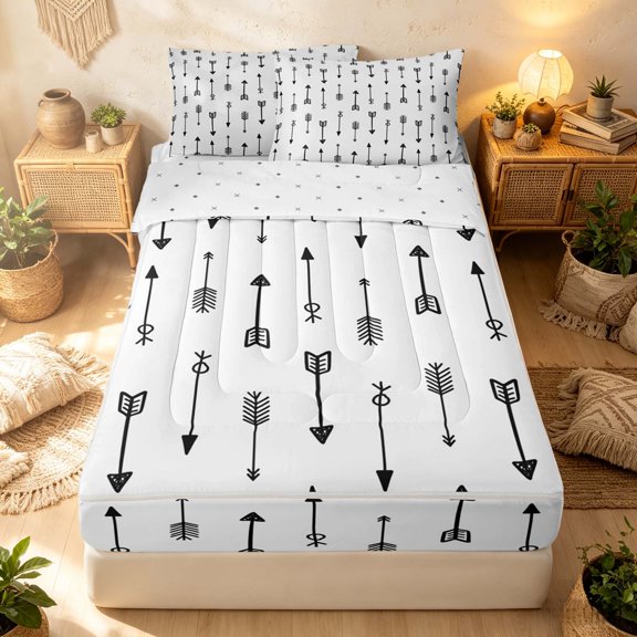 Erosebridal Gothic Arrow Zipper Twin Comforter Sets with Fitted Sheet and 2 Pillowcases, Southwestern Lodge Cabin Zipper Bedding Set, White and Black, Reversible