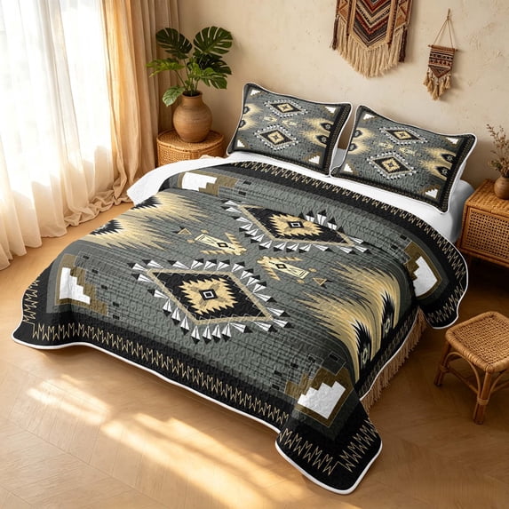 Erosebridal Gothic Aztec Twin Quilt Set, Southwestern Geometric Twin Coverlet Set, Charcoal Black Cream Tan 2 Pieces, 1 Bedspread and 1 Pillowcase