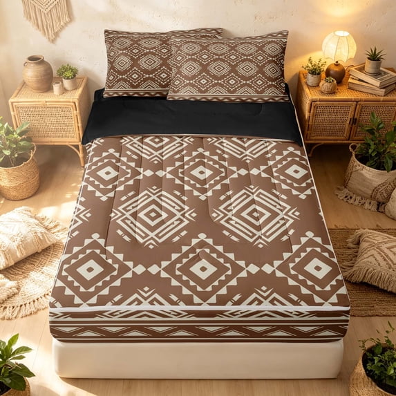 Erosebridal Gothic Aztec Zipper Queen Comforter Set with Fitted Sheet and 2 Pillowcases, Southwestern Rhombus Zipper Bedding Set, Cocoa Ivory, Black Reversible