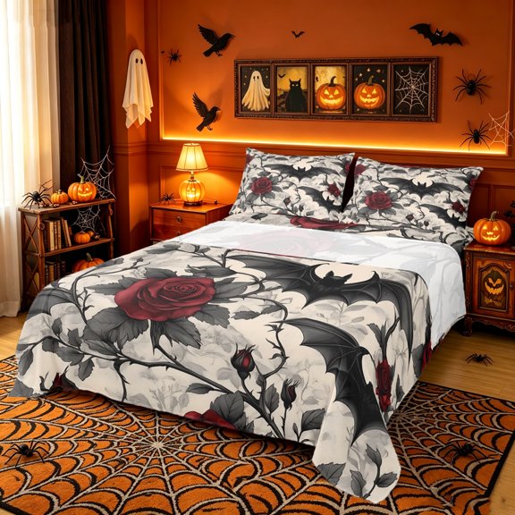 Erosebridal Gothic Bat Bed Sheets, Rose Floral Full Size Sheets, White Dark Brown, Black Reversible, 4 Pieces, 1 Flat Sheet, 1 Fitted Sheet and 2 Pillowcases