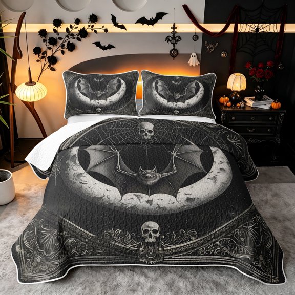 Erosebridal Gothic Bat Bed Spread Queen, Western Halloween Moon Queen Coverlet Set, Black Gray, 3pcs, 1 Quilt and 2 Pillowcases