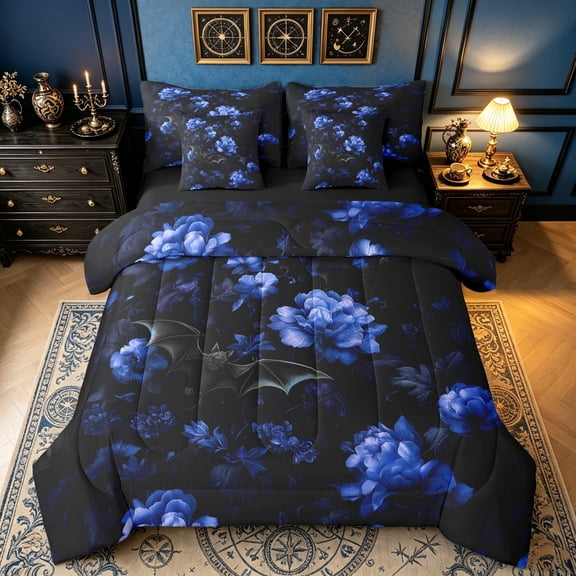 Erosebridal Gothic Bat Floral Full Size Bedding Sets, Mexican Folk Art Full Size Bed in a Bag, Navy, Black Reversible, 7 Pieces