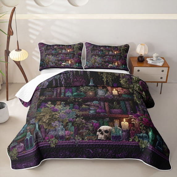 Erosebridal Gothic Bookshelf Quilt Full for Boys Girls, Western Floral Plant Full Bedspread Sets, 3pcs