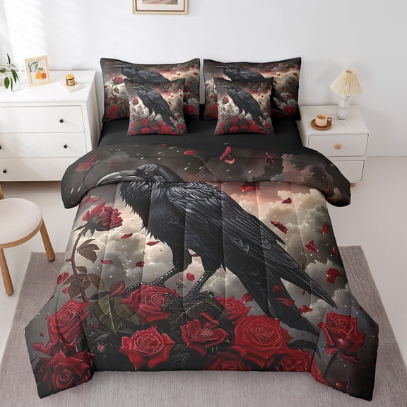 Erosebridal Gothic Crow Bedding Sets Twin Size, Romantic Red Rose Comforter Sets with Sheets, Valentines Day Reversible Bedding Twin Size, Breathable Room Decorative, 7-Piece
