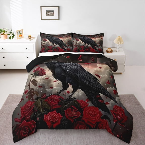 Erosebridal Gothic Crow Comforter Sets Queen Size, Romantic Red Rose Comforters & Duvets, Valentines Day Reversible Bedding Queen Comforter Set, Breathable Room Decorative, 3-Piece