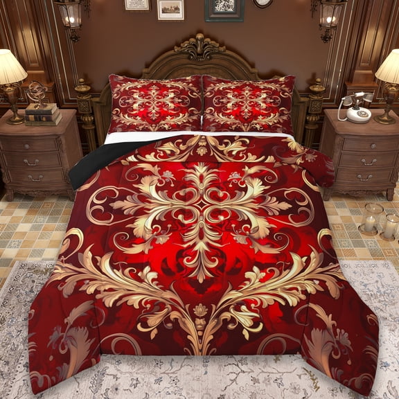Erosebridal Gothic Damask Bedding Queen Comforter Set,Red Gold Victorian Floral Down Comforter,Retro Aztec Theme Bedding Sets Queen with Comforter,Breathable Room Decor Reversible,3 Pieces