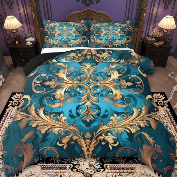 Erosebridal Gothic Damask Comforter Sets King Size,Victorian Floral Comforters & Duvets,Retro Aztec Theme Bedding King Comforter Set,Breathable Room Decor Reversible，3-Piece
