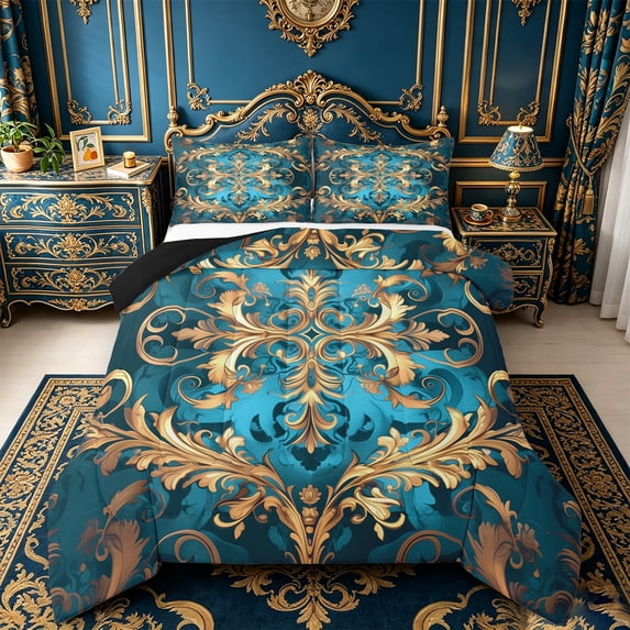 Erosebridal Gothic Damask Comforter Sets King Size,Victorian Floral Comforters & Duvets,Retro Aztec Theme Bedding King Comforter Set,Breathable Room Decor Reversible,3-Piece