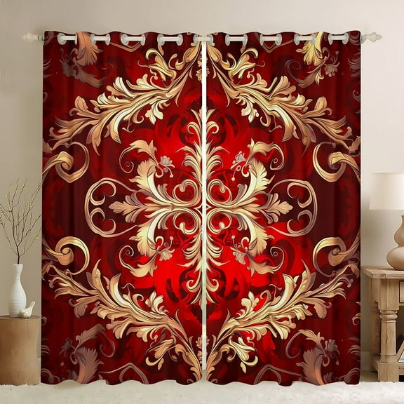 Erosebridal Gothic Damask Curtains for Living Room,Red Gold Victorian Floral BlackoutCurtains Set of 2 (42x63),Retro Aztec Theme Curtains and Drapes (42x63),Breathable Room Decor