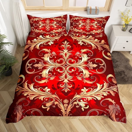 Erosebridal Gothic Damask Duvet Cover Queen,Red Gold Victorian Floral Bedding Sets Queen Size,Retro Aztec Theme Comforter Cover Queen,Breathable Room Decor Reversible,3 Pieces(No Comforter)