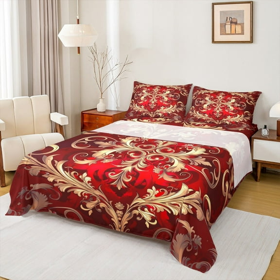 Erosebridal Gothic Damask Queen Sheet Sets,Red Gold Victorian Floral Bedding Queen Size,Retro Aztec Theme Bed Sheets Set Queen Size,Breathable Room Decor,4-Piece
