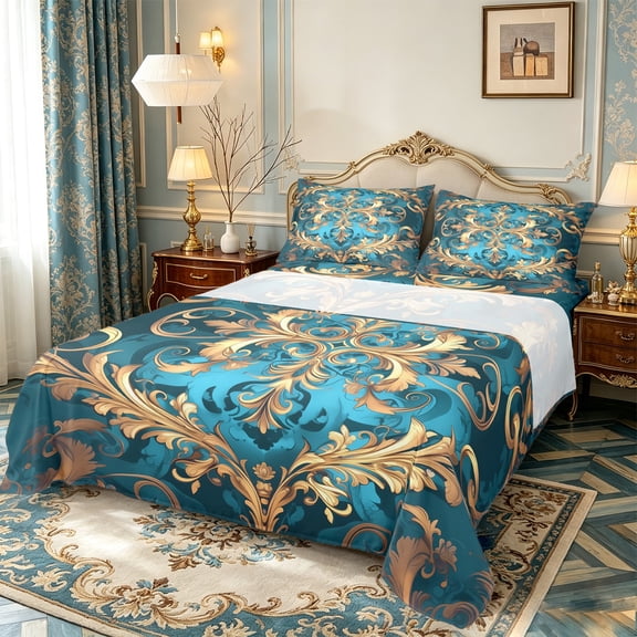 Erosebridal Gothic Damask Sheet Set Queen,Victorian Floral Bedding Sets Queen Size,Retro Aztec Theme Queen Sheet Sets,Breathable Room Decor，4 Pieces