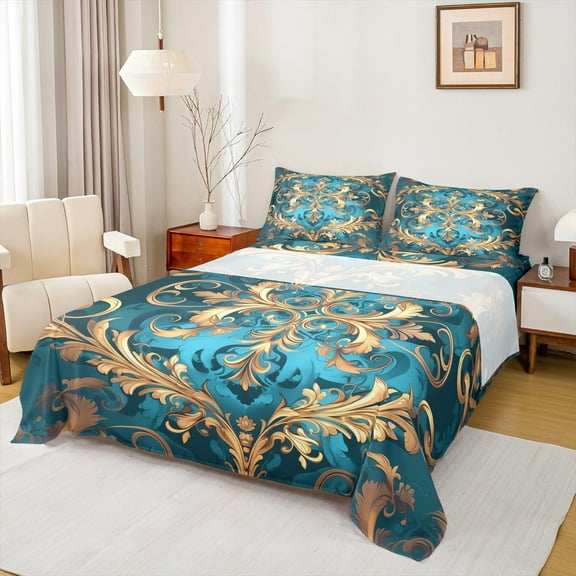 Erosebridal Gothic Damask Sheet Set Queen,Victorian Floral Bedding Sets Queen Size,Retro Aztec Theme Queen Sheet Sets,Breathable Room Decor，4 Pieces