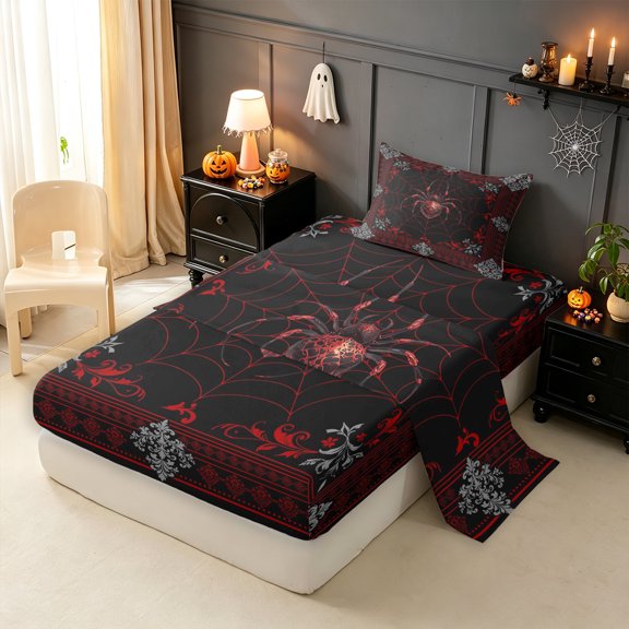 Erosebridal Gothic Damask Twin Sheets 3pcs,Spider Web Bedding,1 Flat Sheet, 1 Fitted Sheet and 1 Pillowcase