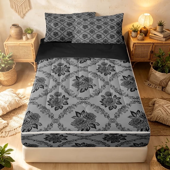 Erosebridal Gothic Damask Zipper Full Size Comforter Sets with Fitted Sheet and 2 Pillowcases, Southwestern Blossom Zipper Bedding Set, Black Light Gray, Black Reversible