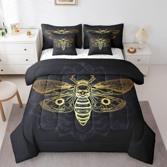 Erosebridal Gothic Death Moth Bedding Sets Twin Size, Hippie Animal Comforter Sets with Sheets, Black and Gold Bedding Accessories, Breathable Bedroom Decor, Reversible 7pcs