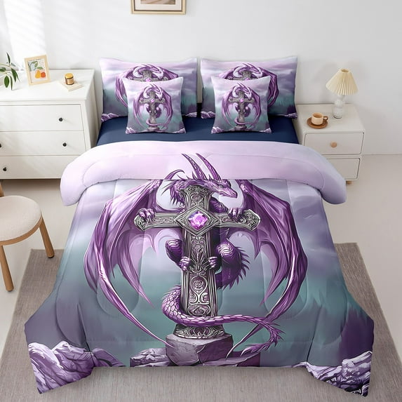 Erosebridal Gothic Dragon Bedding Twin Size,Magic Animal Comforter Sets with Sheets,Gradient Purple Wildlife Bedding Sets Twin Size,Microfiber Bedroom Decor Reversible,7pcs