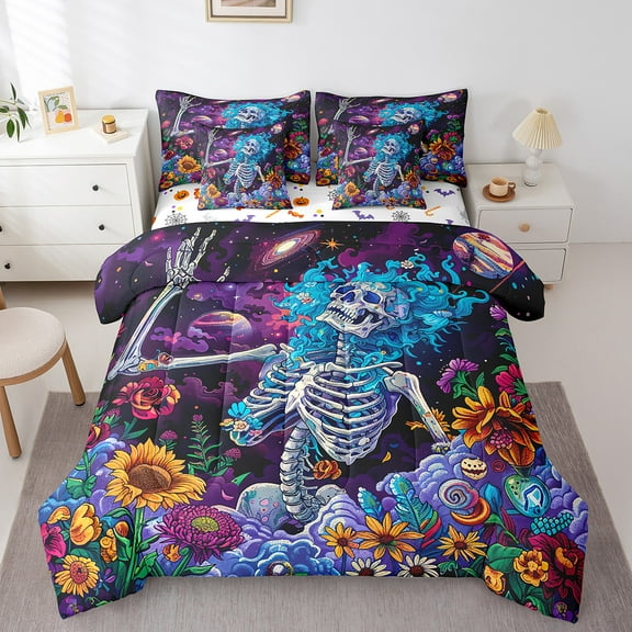 Erosebridal Gothic Farmhouse Style Bedding Sets Twin Size,Abstract Hippie Skeleton Comforter Sets with Sheets,Boho Flower Floral Bed in a Bag Twin Size,Bedroom Decorative Reversible,7-Piece