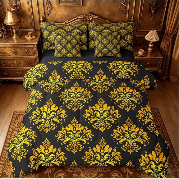 Erosebridal Gothic Floral Bed in a Bag Twin Size,Gold Jacquard Bed Set,Boho Bohemain Flower Bedding Twin Size,Lightweight Room Decor Reversible,7 Pieces