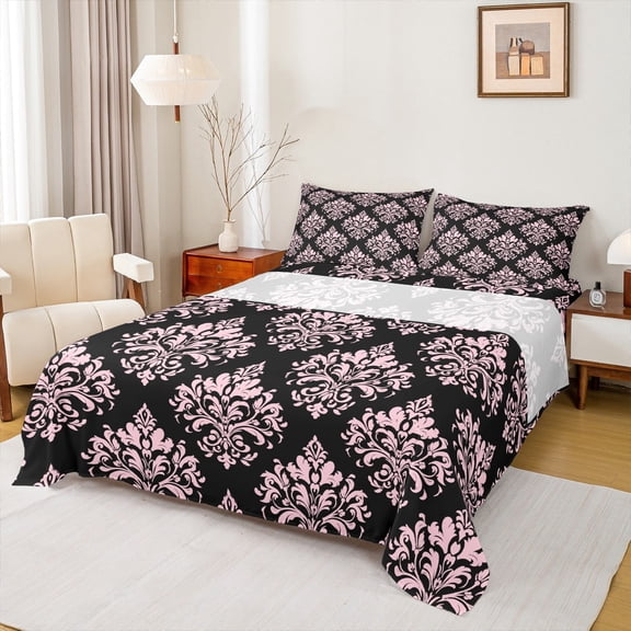 Erosebridal Gothic Floral Bed Sheets Twin,Pink Black Jacquard Bedding Sets Twin Size,Boho Bohemain Flower Sheet Set Twin,Lightweight Room Decor,3pcs