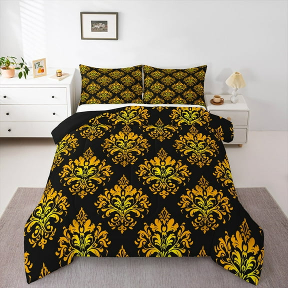 Erosebridal Gothic Floral Bedding Sets King with Comforter,Gold Jacquard Duvet Insert,Boho Bohemain Flower Comforter Sets King Size,Lightweight Room Decor Reversible,3pcs