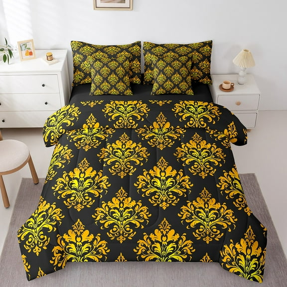Erosebridal Gothic Floral Bedding Sets Queen Size,Gold Jacquard Comforter Sets with Sheets,Boho Bohemain Flower Bed in a Bag Queen Size,Lightweight Room Decor Reversible,7-Piece