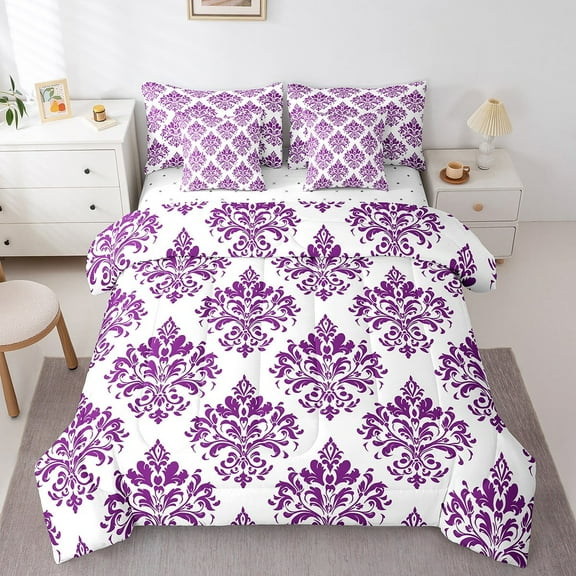 Erosebridal Gothic Floral Bedding Twin Size,Purple White Jacquard Comforter Sets with Sheets,Boho Bohemain Flower Bedding Sets Twin Size,Lightweight Room Decor Reversible,7pcs