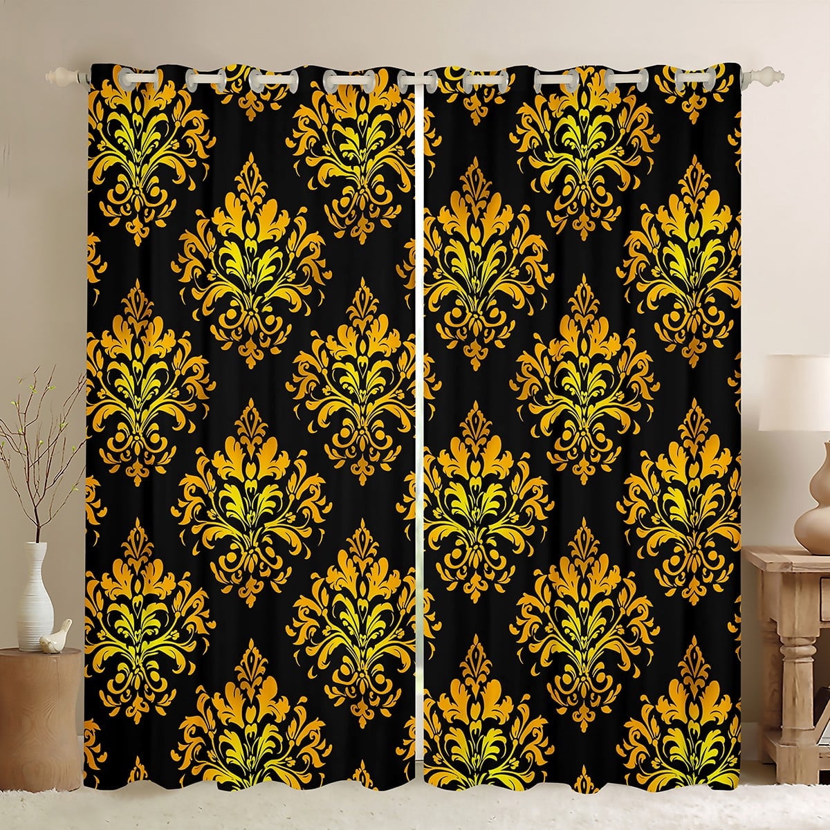 Erosebridal Gothic Floral Curtains and Drapes(38x45),Gold Jacquard Blackout Curtains for Bedroom,Boho Bohemain Flower Curtains Pack of 2(38x45),Lightweight Room Decor