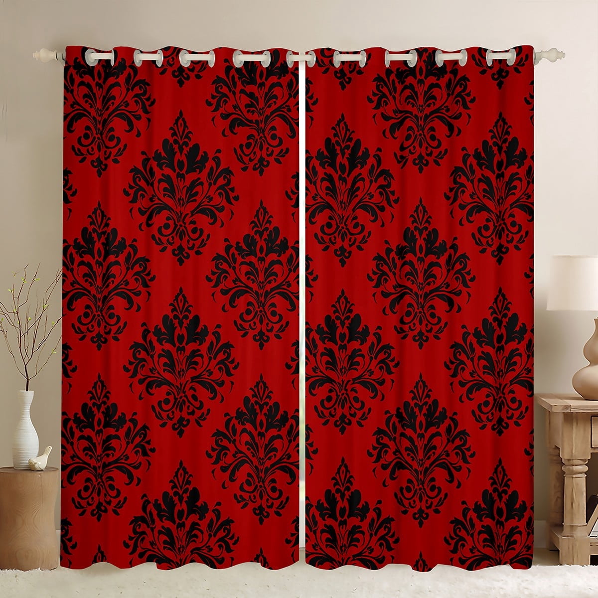 Erosebridal Gothic Floral Curtains for Living Room,Red Black Jacquard Blackout Curtains Set of 2(38x45),Boho Bohemain Flower Curtains and Drapes(38x45),Lightweight Room Decor