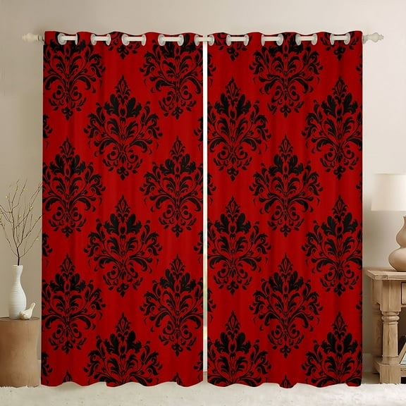 Erosebridal Gothic Floral Curtains for Living Room,Red Black Jacquard Blackout Curtains Set of 2(38x45),Boho Bohemain Flower Curtains and Drapes(38x45),Lightweight Room Decor