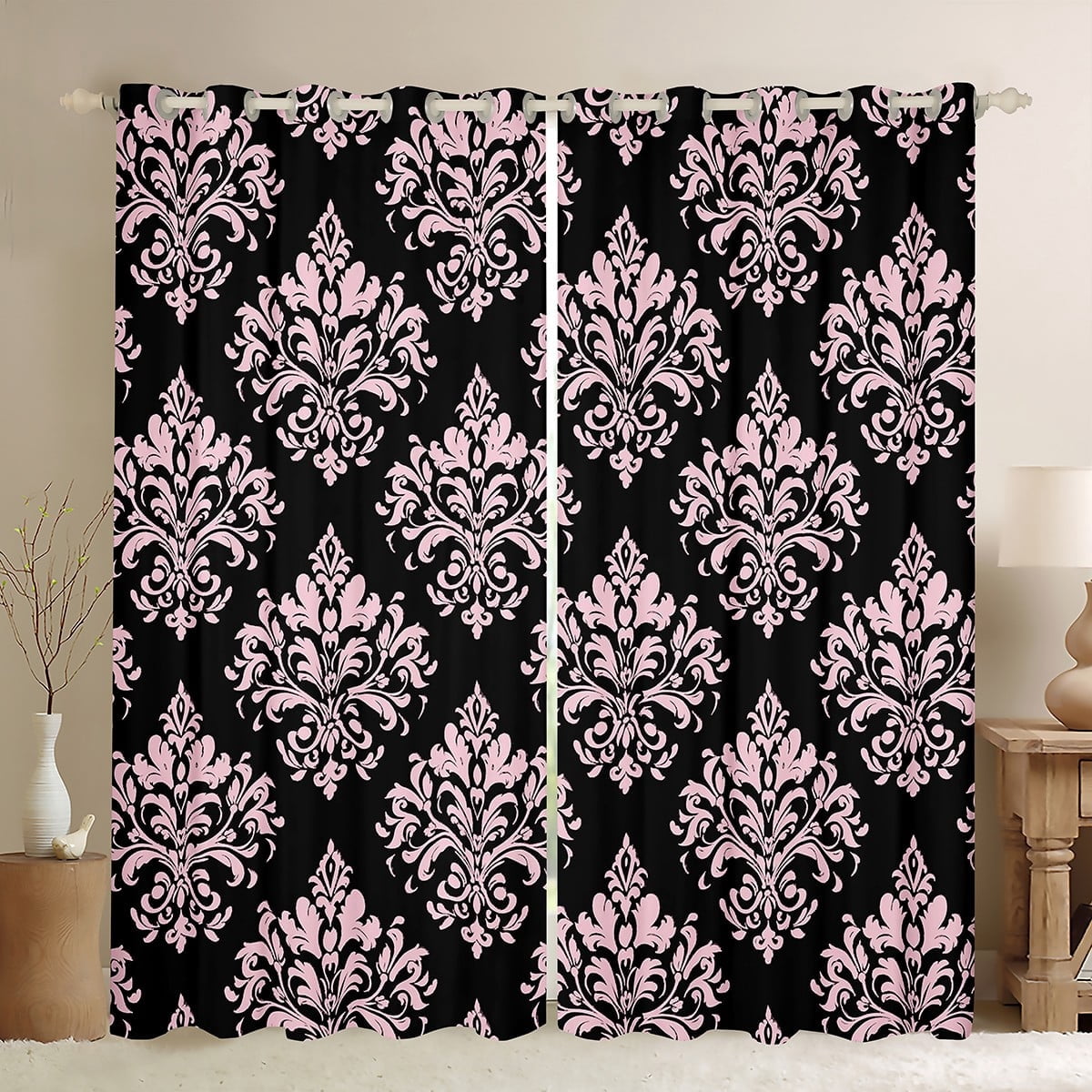Erosebridal Gothic Floral Curtains Pack of 2(38x45),Pink Black Jacquard Black Out Curtains,Boho Bohemain Flower Curtains for Living Room,Lightweight Room Decor
